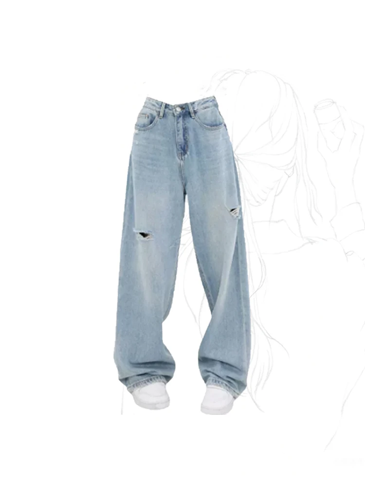 

Женские Синие рваные джинсы, Корейская винтажная одежда в стиле 90-х Y2kStreetwear, джинсовые брюки с высокой талией и широкими прямыми штанинами, летние брюки