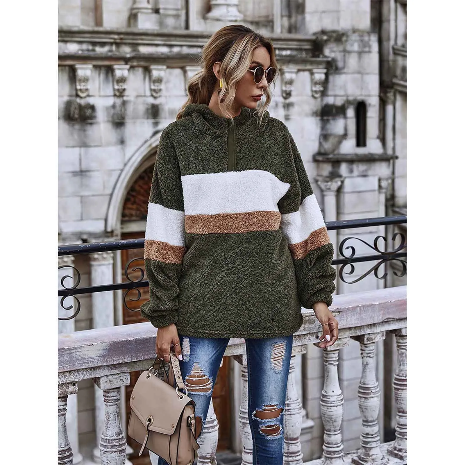 

long hoodie coat stitching One-color sleeve women's Women's Blouse Cropped Athletic Top Cropped Zip up Sweater