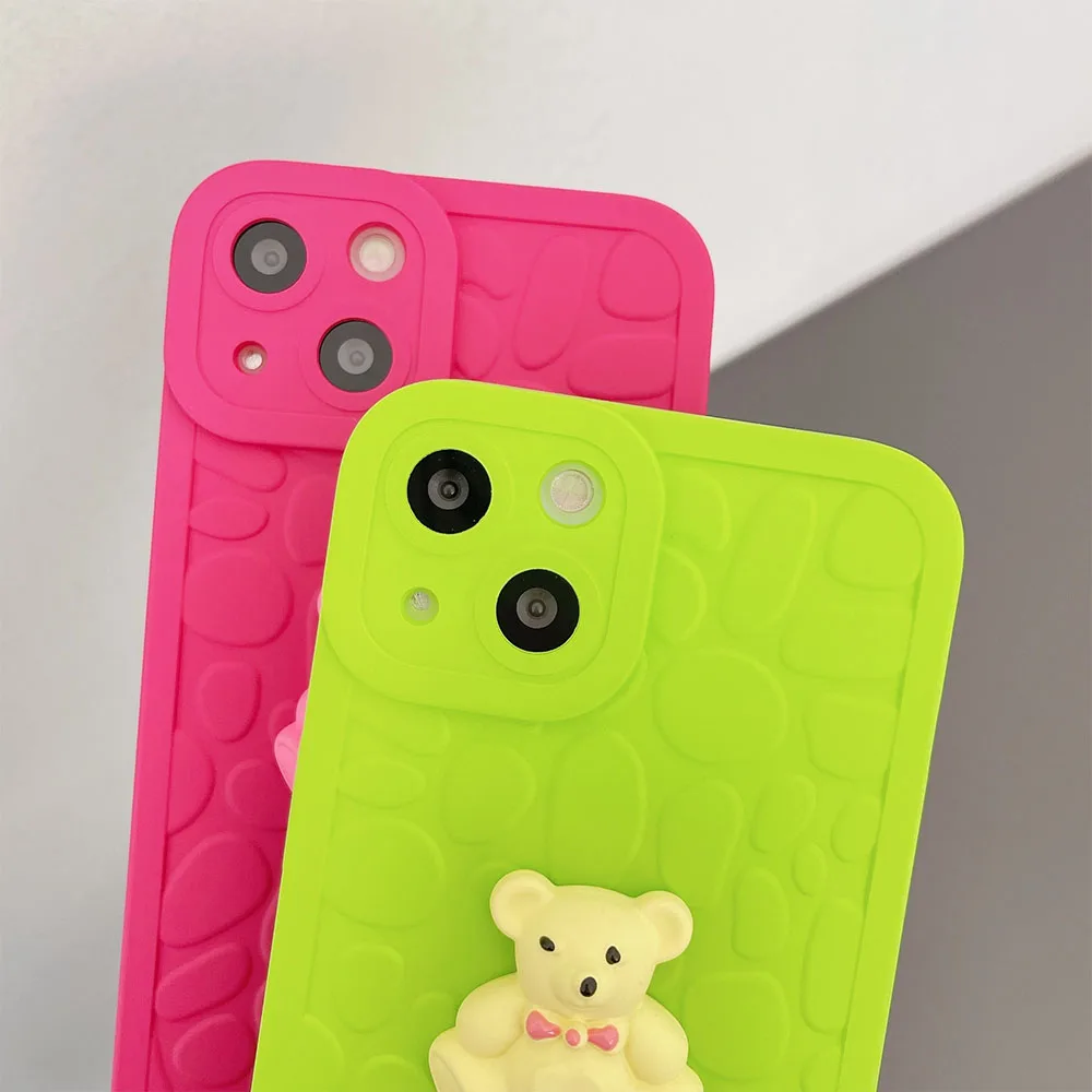 Модный флуоресцентный чехол для телефона с медведем из булыжника iPhone 13 11 X XR XS Max 12