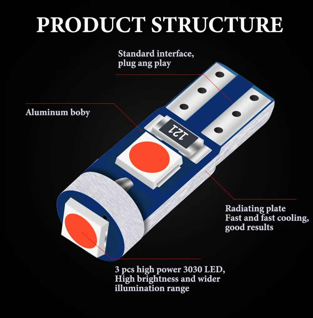 10X T5 3SMD LED Super Bright 3030LED Приборная панель автомобиля Светодиодный свет салона Авто