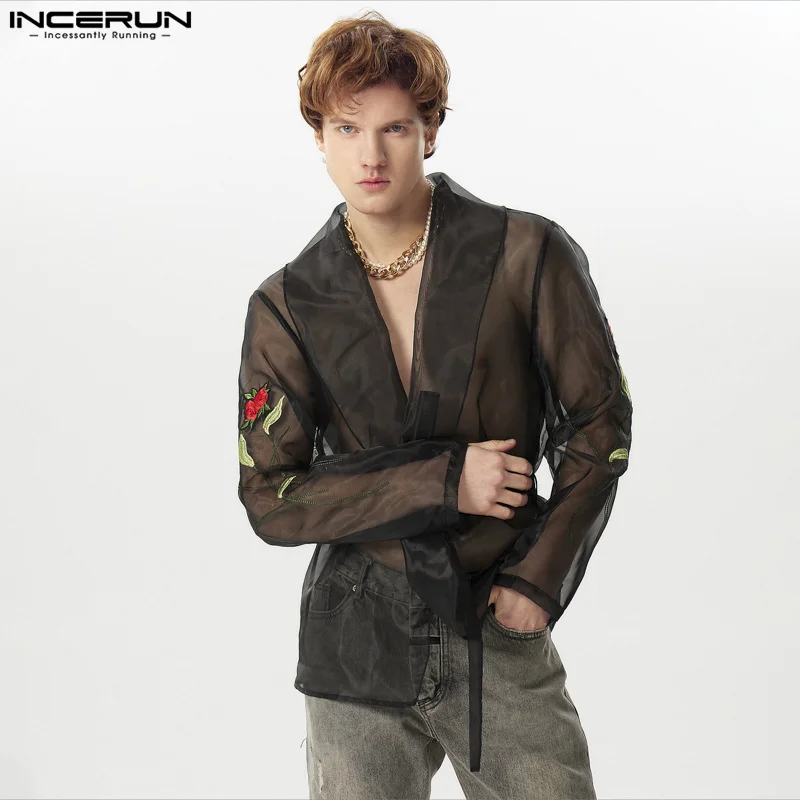 Топы INCERUN 2024 модные мужские рубашки в американском стиле с наклейками роз