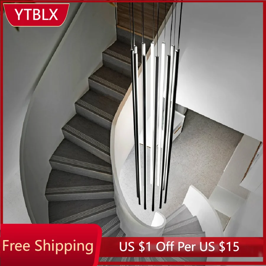 

Black Stair Chandelier Modern Design Duplex Building Hall Corridor Stair Lighting Nordic New Personality Long LED Chandelier