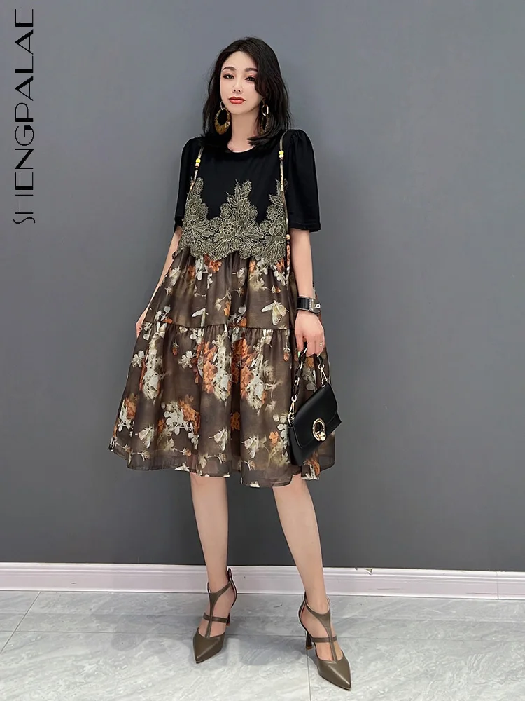 

SHENGPAIAE 2022 new fashion female dresses patchwork contrast color printing round collar puff sleeve loose waist dress 5Q466