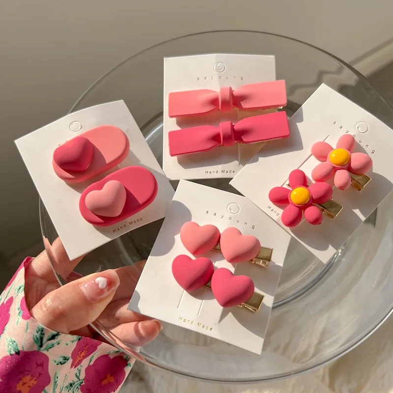 

Korean Pink Flower Love Heart Hairpin Hair Clip for Women Gilrs Spring Summer Cute Sweet Bowknot Hair Claw Hair Accessories