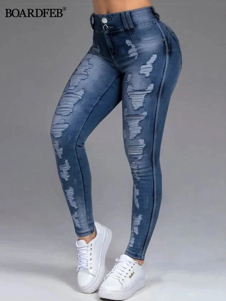 

Women Jeans Pants Ladies Casual High Waist Skinny Ripped He 2023 Spring Tights Female Denim Pencil Pants Distressed Trousers