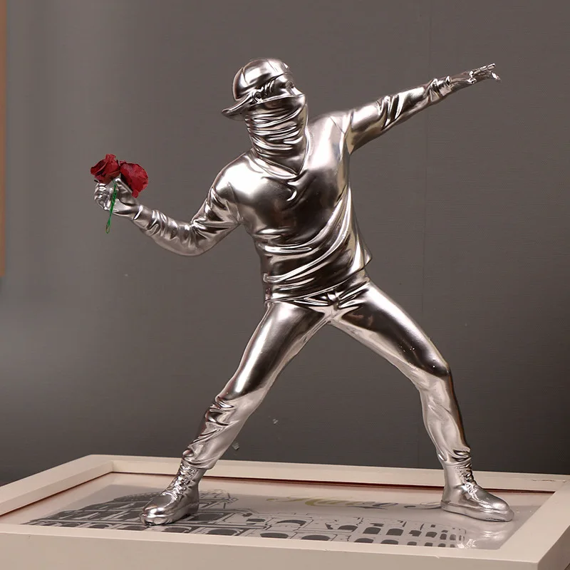 

New Resin Banksy Sculptures Flower Thrower Statue Bomber Home Decoration Desk Accessories Collectible Figurine Decorative