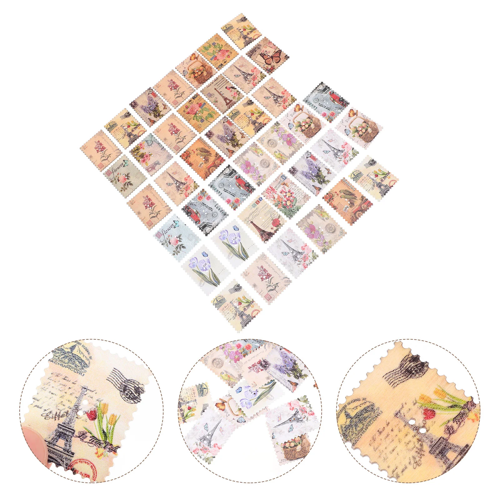 

40 Pcs Floral Wooden Buttons Jewelry Accessories Brown Wooden Button Vintage Scrapbook Stamp Pattern Wooden Crafts Buttons