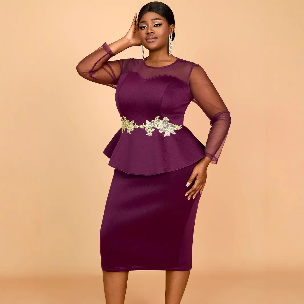 Am 050129 Прозрачное платье больших размеров с длинными рукавами и модными рюшами по