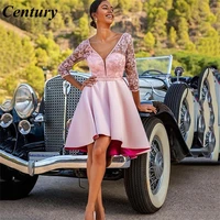 short pink homecoming dresses 34 sleeve v neck satin lace appliques graduation party prom gown knee length illusion back 2022