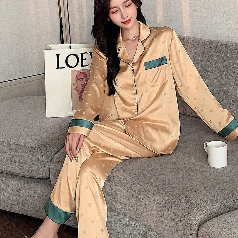 QWEEK Satin Designer Clothes Women Luxury Sleepwear Cardigan Pajama Summer 2 Piece Set Trouser Suits Green Golden Nightie