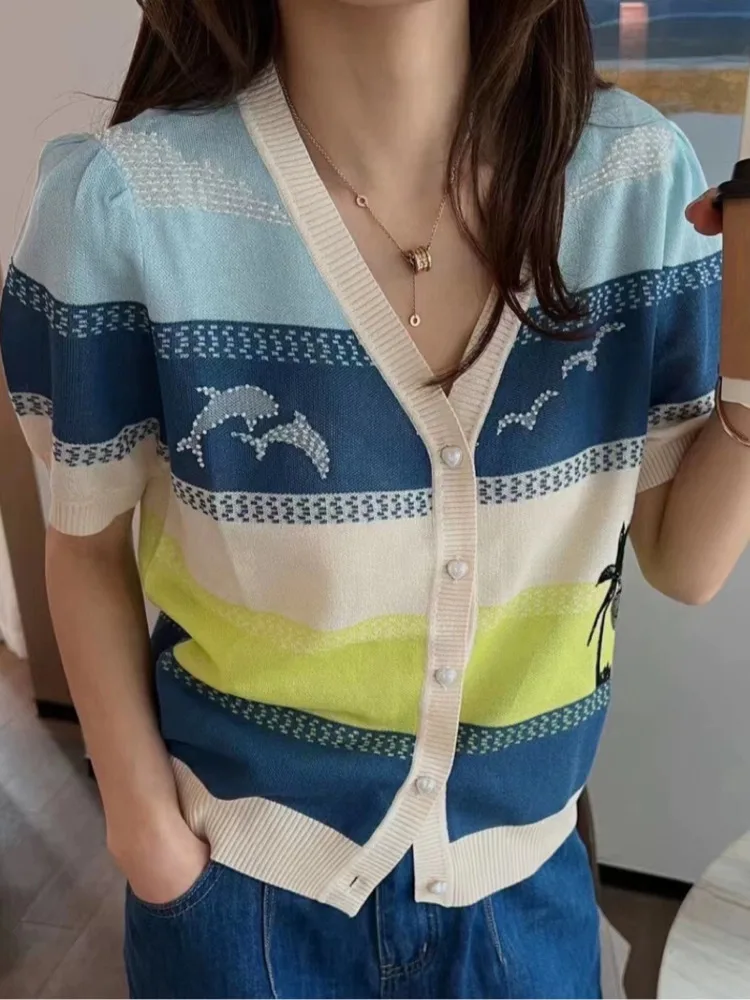 

Casual Knitted Cardigans For Women V-Neck Single Breasted Cartoon Pattern Short Sleeve Korean Fashion New In Womens Clothes Ropa
