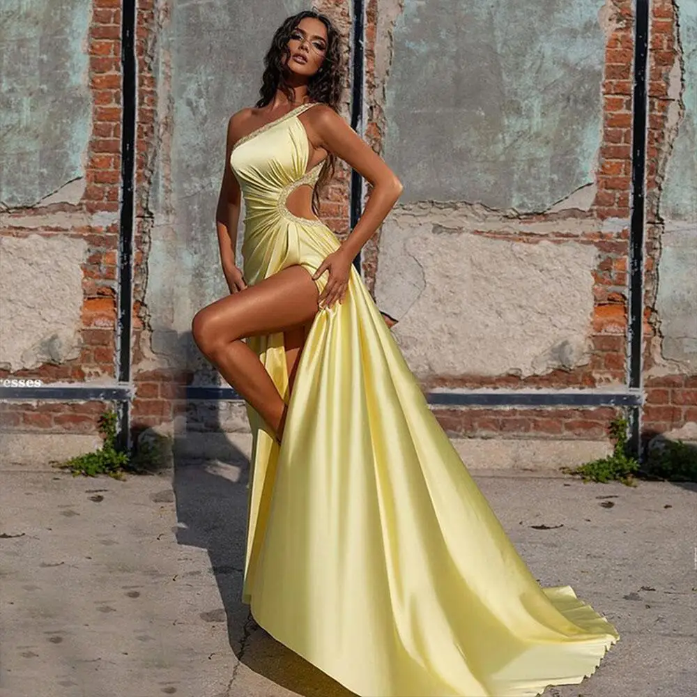 

14365#IENA Yellow Sexy One Shoulder Satin Evening Dresses فستان High Side Slit Backless Prom Party Gowns Arabic vestido de novia