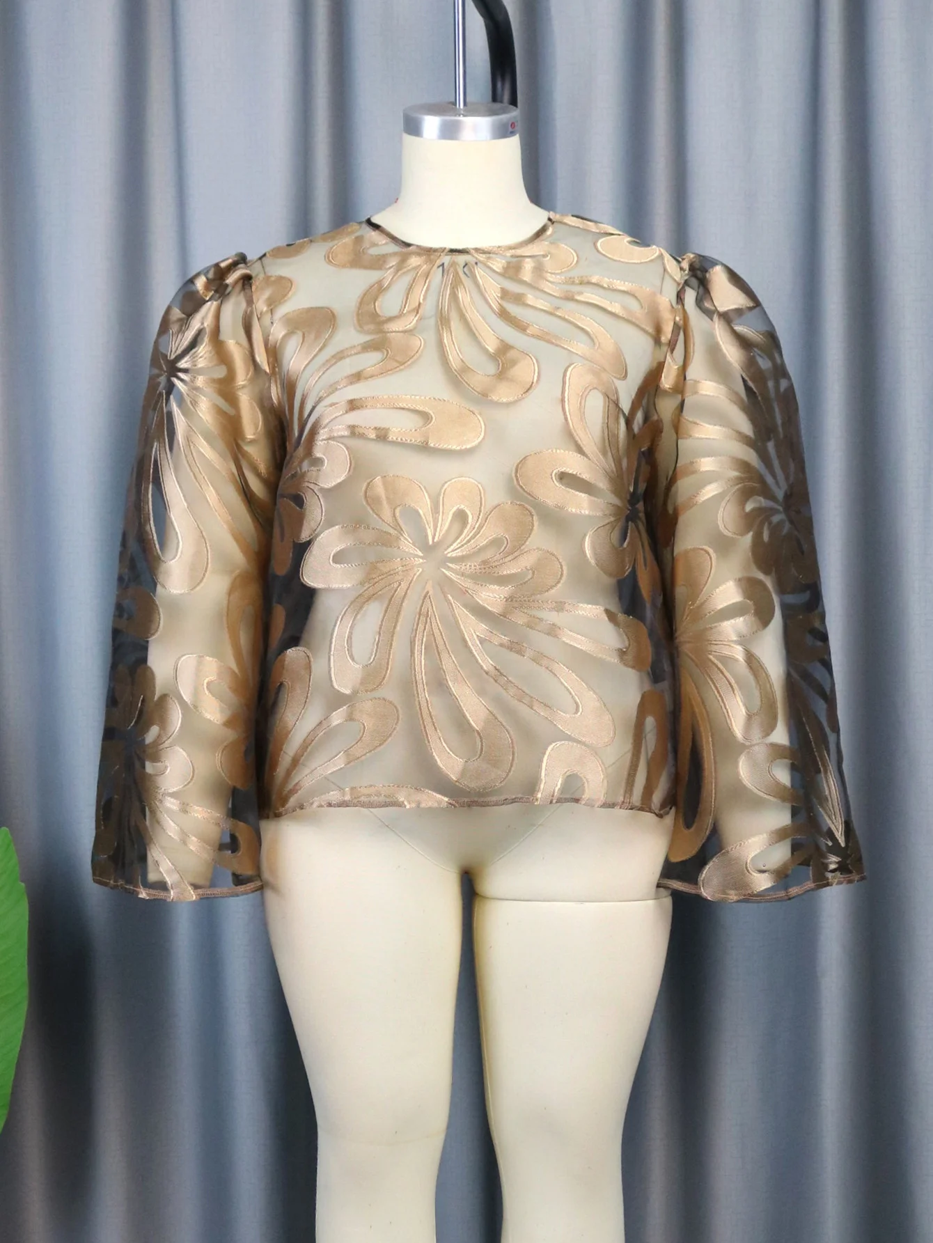 Plus Size New Sexy Perspective Gold Plated Round Neck Long Sleeve Elegant Top Fashion Shoulder Loose Women's Top New 2023