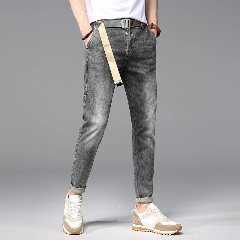 High Street Men's Jeans Thin Summer Fashion Youth Trousers Casual Mid-waist Gray Stretch Jeans for Men Men Clothing