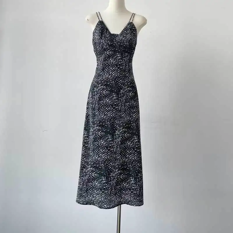 

Vintage New Silk Printing Suspended Dress Fashion Runway Simple V-Neck Backless Slimming Dresses Sexy Women Sleeveless Clothes