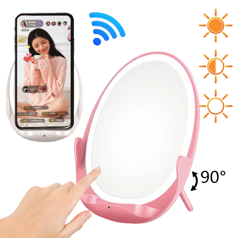 

Portable LED Makeup Mirror With Lights Wireless Fast Charging Adjustable Light Compact Hand Travel Vanity Mirrors Make Up Tools
