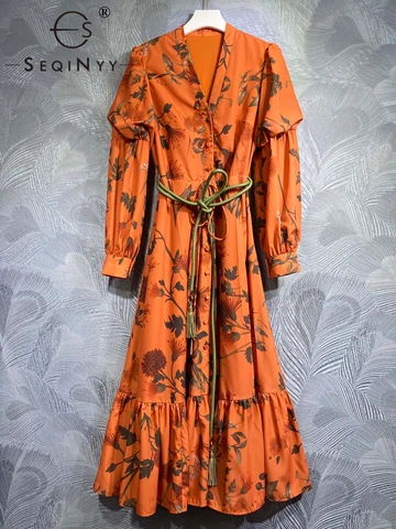 Повседневное оранжевое платье SEQINYY, новинка весны-осени, модное винтажное платье в стиле High Street с оборками и цветочным принтом, повседневное праздничное платье для женщин