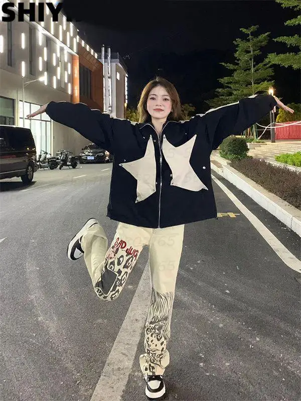 

grunge Harajuku Hip Hop Detachable Star Loose Women's hoodie Zip-up Coat Oversized star girl y2k clothing Streetwear Jackets top