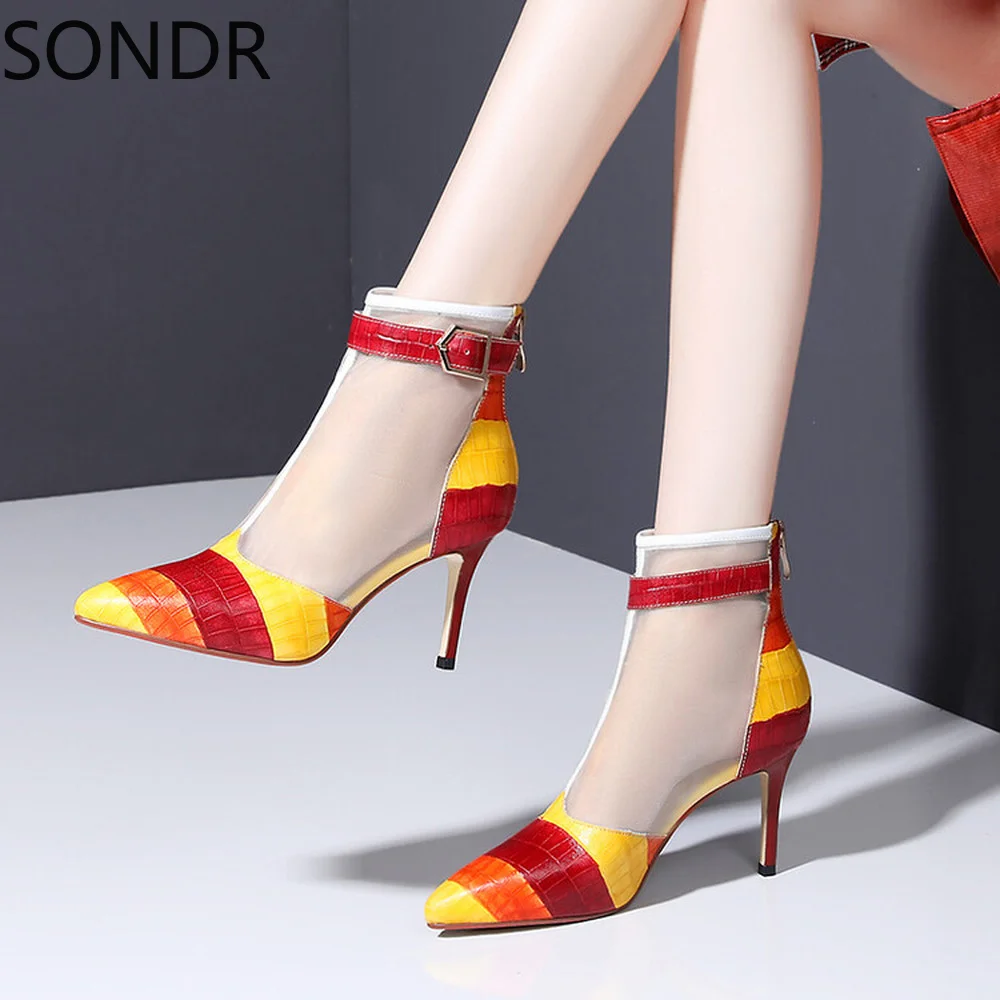 

Женские сетчатые ботильоны с острым носком и цветочной вышивкой, сандалии на шпильке, обувь на высоком каблуке, этическая кожа, лето, новинк...