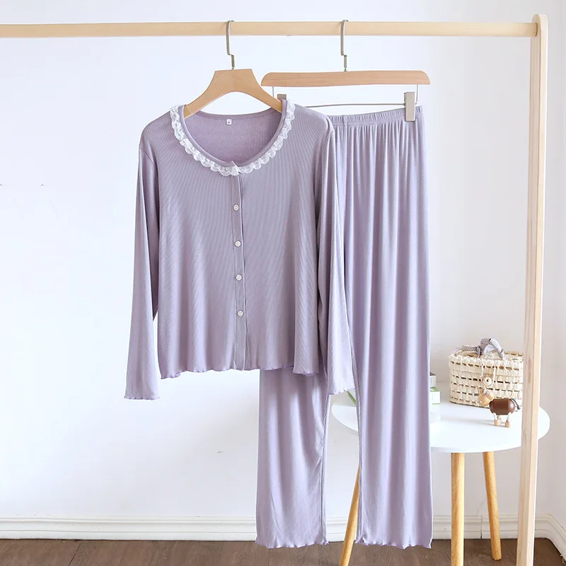 Girl Modal Home Wear Lady Loungewear Crewneck Lace Four Season Thin Fresh Outdoor Great Elasticity Two Piece Set Nightwear Women