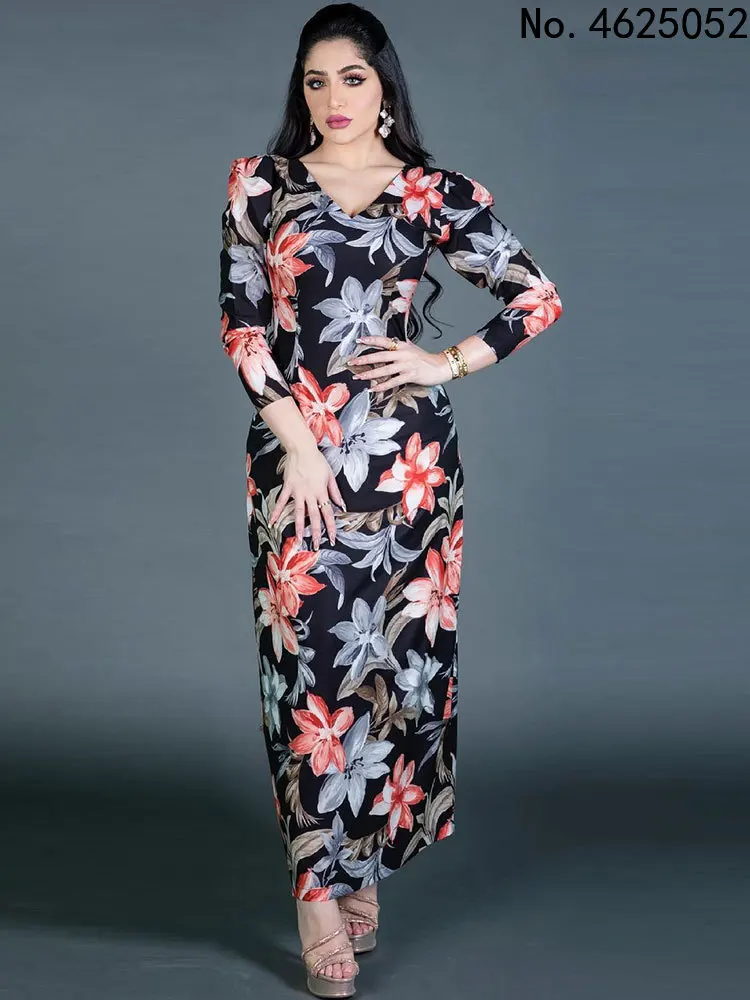 

Bodycon Floral Print Abaya Maxi Dress Women Fashion V Neck Slim Long Dresses Islam Dubai Muslim Party Casual Clothes Spring 2022