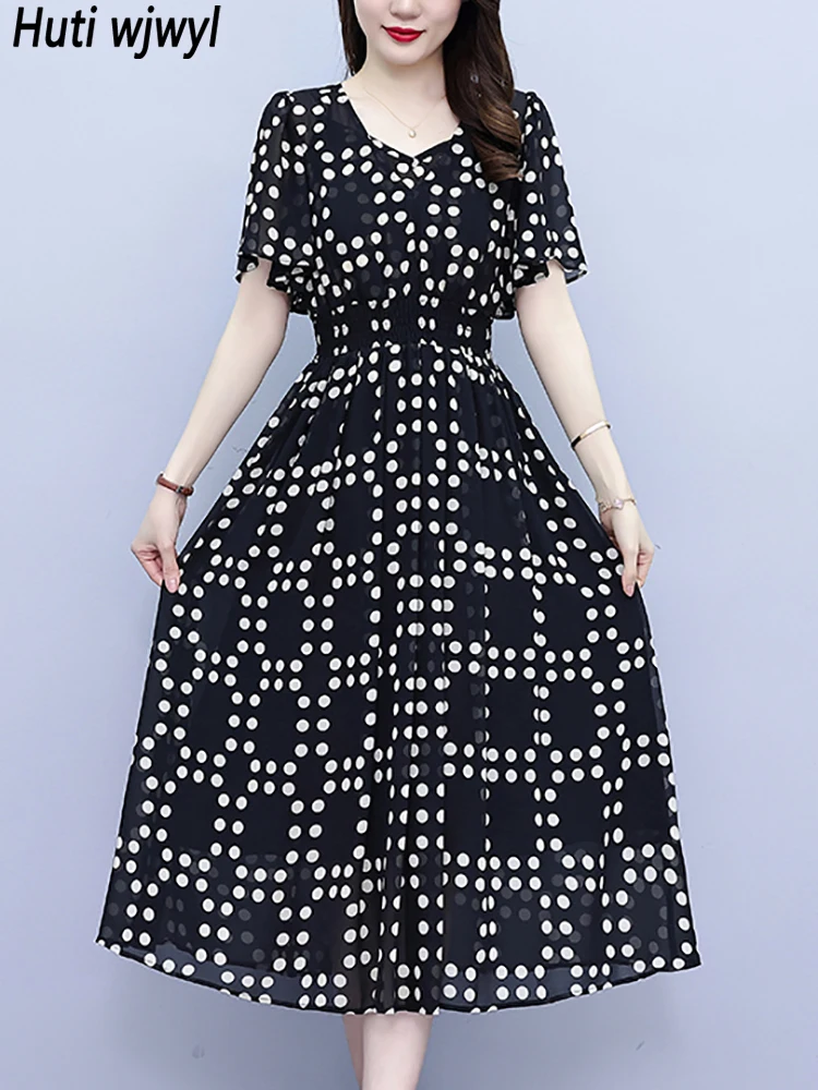 

Летнее Черное Шифоновое Повседневное платье в горошек, женское корейское винтажное длинное платье в стиле Хепберн 2023, элегантное облегающее вечернее платье