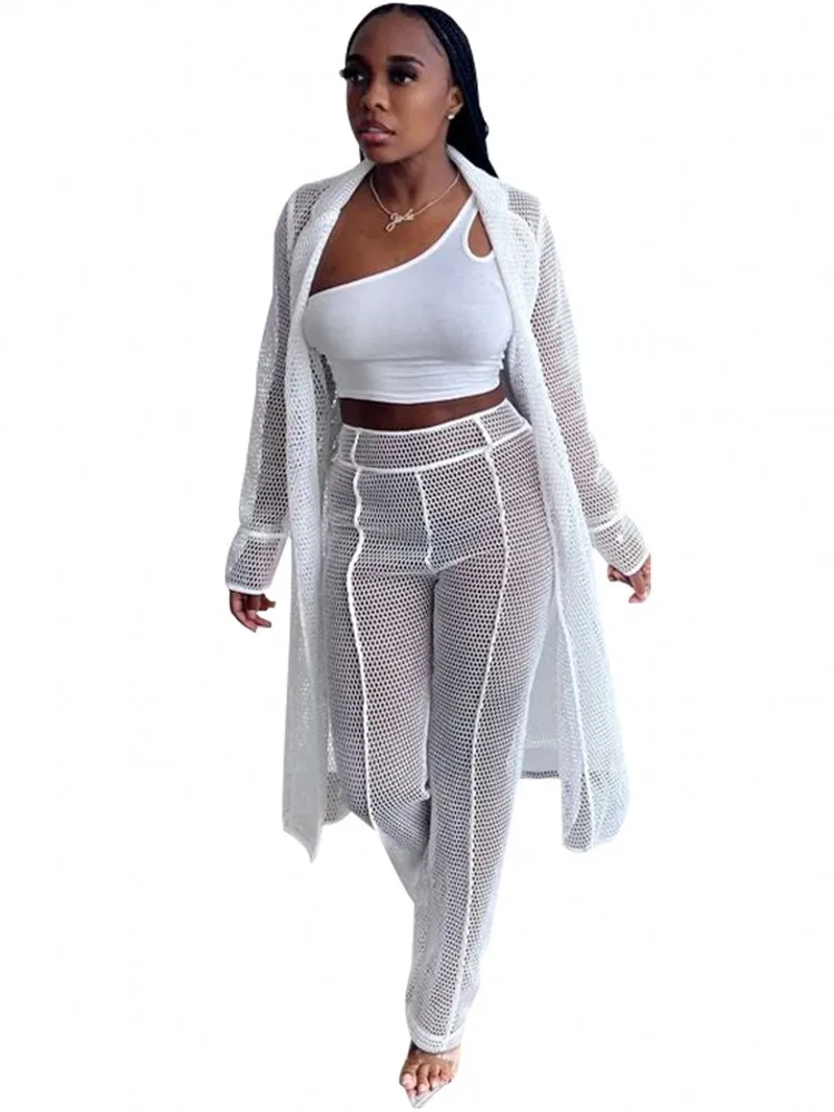 

African Clothes For Women See Through Two Piece Set Lapel Coat Mesh Pants Suit Streetwear Fashion White 3 Piece Set Matching Set