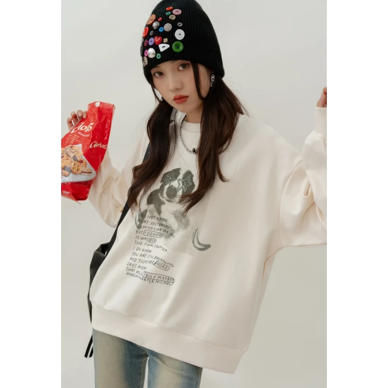 

Women's Clothing Apricot Sweatshirt Printing Round Neck Color Contrast Fashion Vintage Winter Female Long Sleeve Pullover