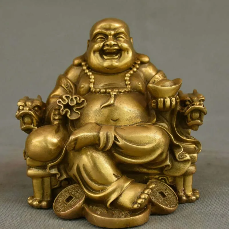 Rare China Buddhism Brass Dragon Chair Wealth Happy Laugh Maitreya Buddha Statue