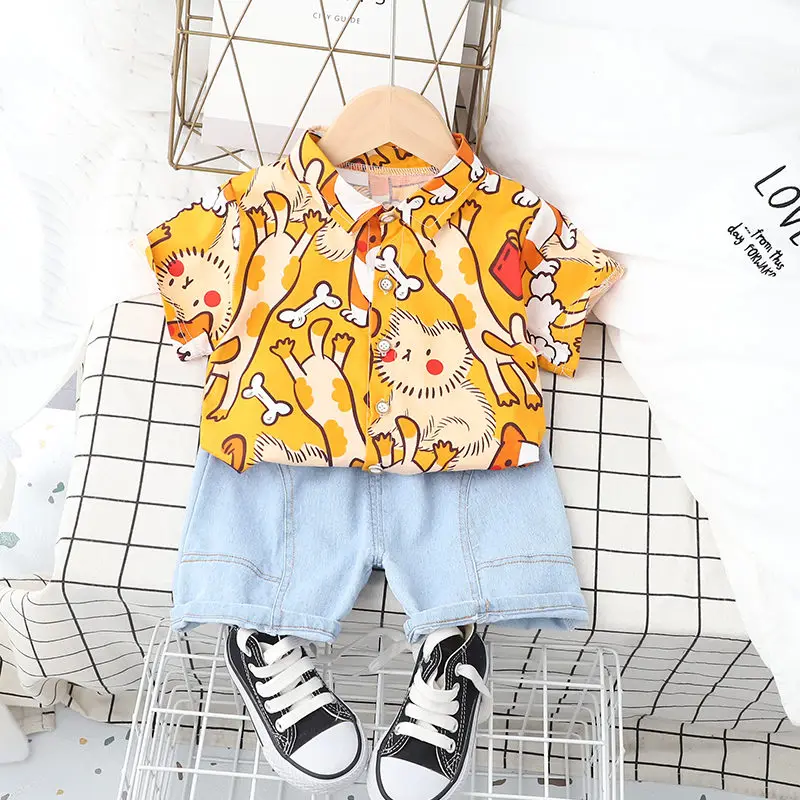 

Children Summer Casual Clothes Suit Baby Boys Girls Printe Shirt Denim Short Pants 2pcs/sets Kids Infant Coat Toddler Suit Set