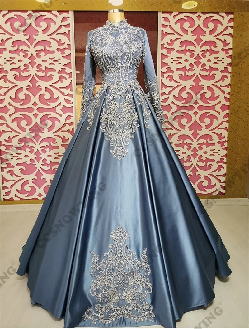 

Dusty Blue Long Sleeve Hijab Muslim Evening Dresses Satin Appliques Islamic Formal Party Gown Women Arabic Kaftan Robe De Soiree