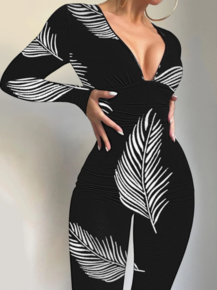 

Spring Long Sleeve Skinny Bottoming Jumpsuit Fashion V-Neck Print Pattern Home Playsuit Casual High Waist Stretch Sports Rompers