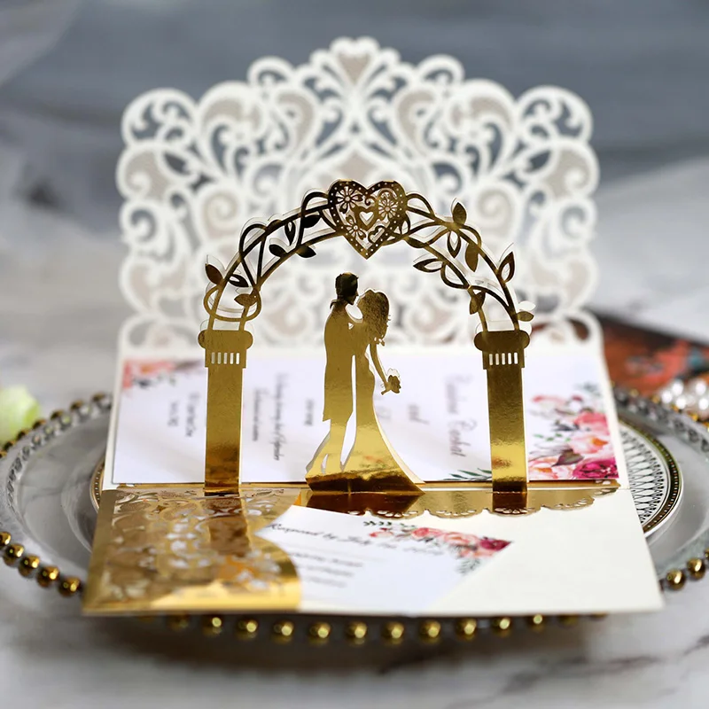

25/50pcs European Laser Cut Wedding Invitations Card 3D Tri-Fold Bride And Groom Lace Greeting Card Wedding Party Favor Supplies