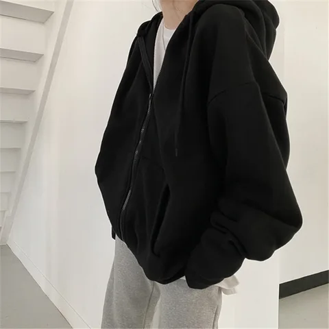Women Hoodies Harajuku Korean Version Loose Oversized Sweatshirts Vintage Solid Color Long Sleeve Hooded Sweatshirt Zipper Coats