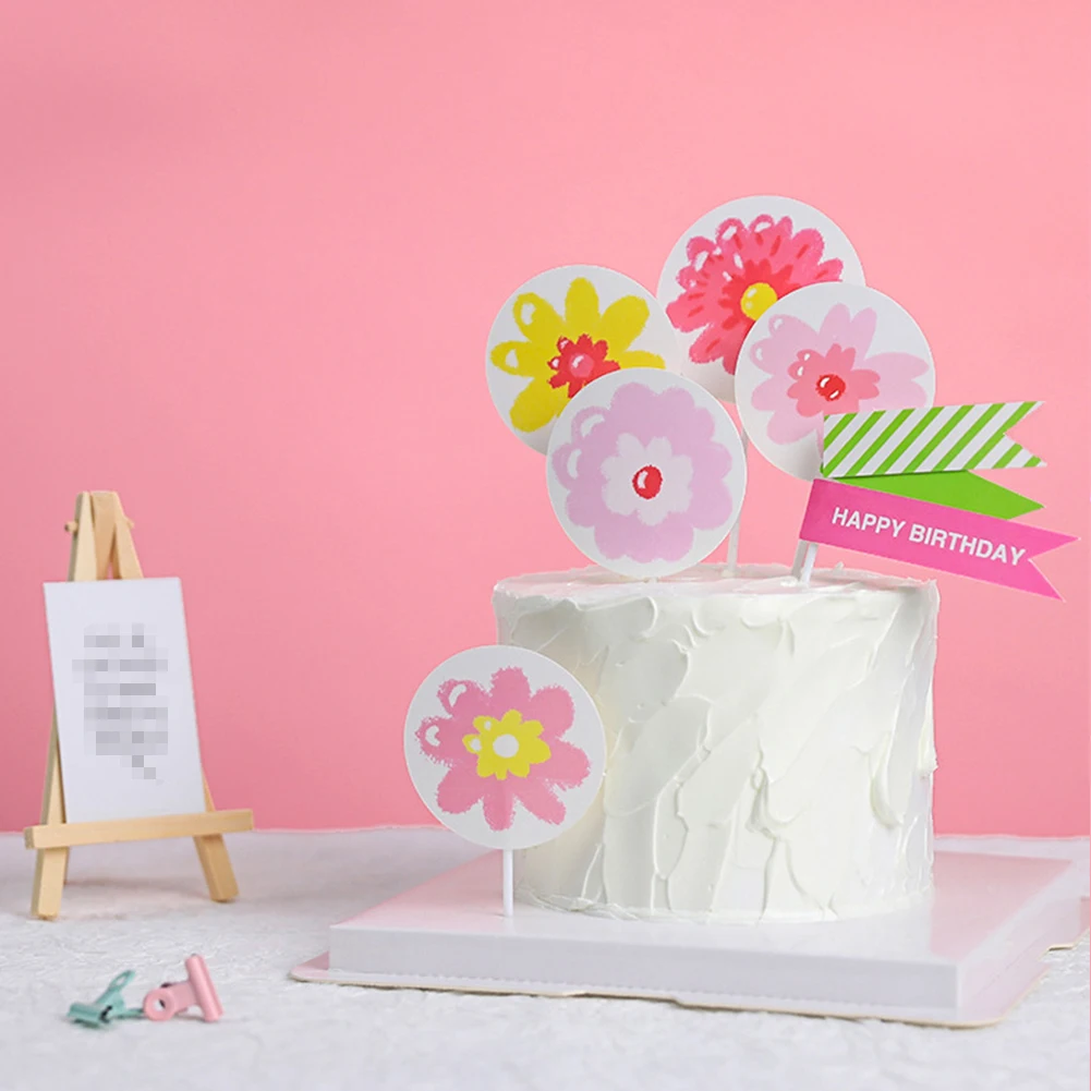 

Colored Flowers Happy Birthday Cake Topper Soft Pottery Birthday Wedding Party Dessert Decor For Baby Shower Baking Supplies