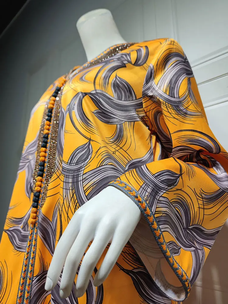 Beaded Abaya Arabic Long Dress Women Printed Muslim Party Evening Dresses Gulf Jalabiya Moroccan Kaftan Dubai Ramadan Abaya