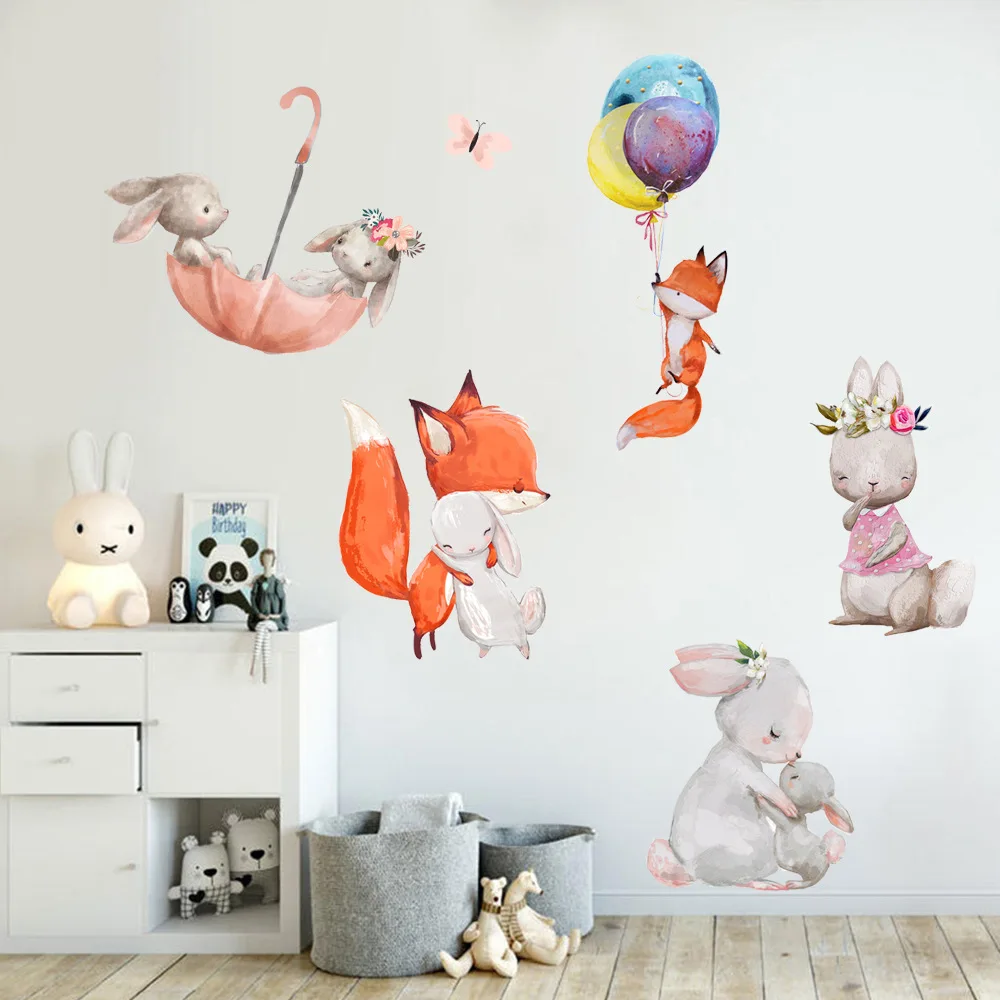 Милые настенные наклейки в виде кролика и лисы для детской комнаты украшение