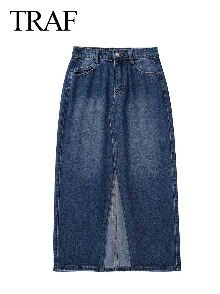 

TRAF Summer Chic Women's High Waist Denim Mid Skirts Dark Blue Slits A-line Slim Zipper Street Casual Daily Ladies Clothing