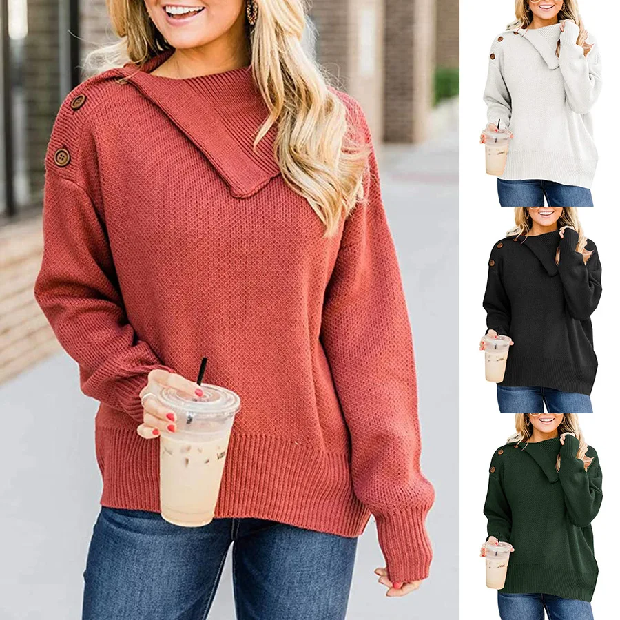

Knitted Button Pullover Sweater Women Autumn/winter 2021 New Fashion Casual Side Lapel Shoulder Long-sleeved Pullover Sweater
