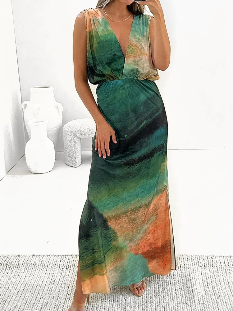 

Female Casual V Neck Streetwear Maxi Dress Print Tie Dye Patchwork Sleeveless Dress Women Spring Summer Elegant Slim Long Dress