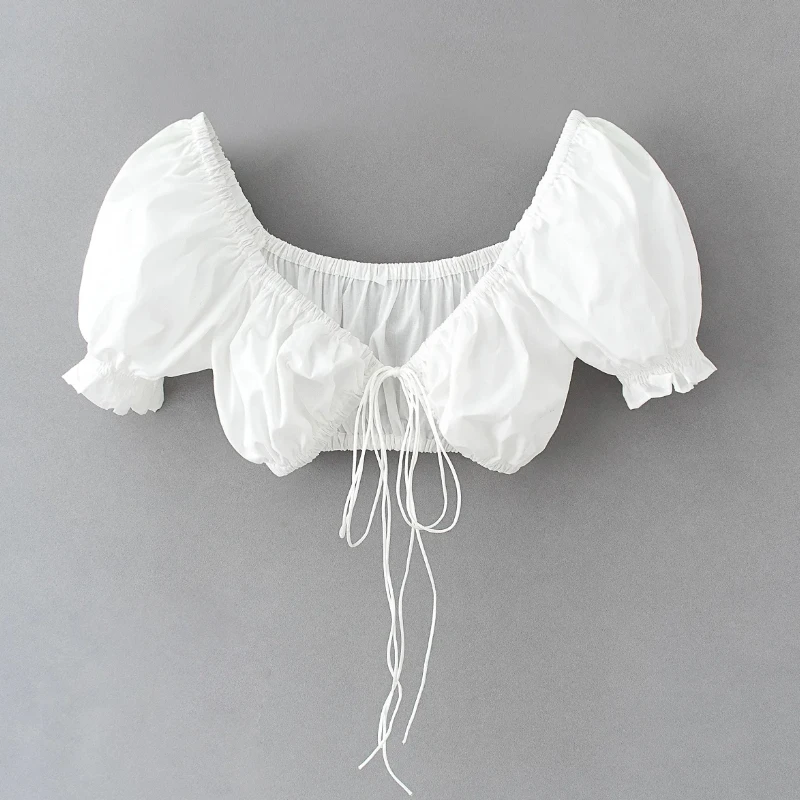 

Black White Lace Up Bow tie Sexy Short Blouse Women Summer 2021 Casual Puff Sleeve Small Shirts femme Crop Tops S7390