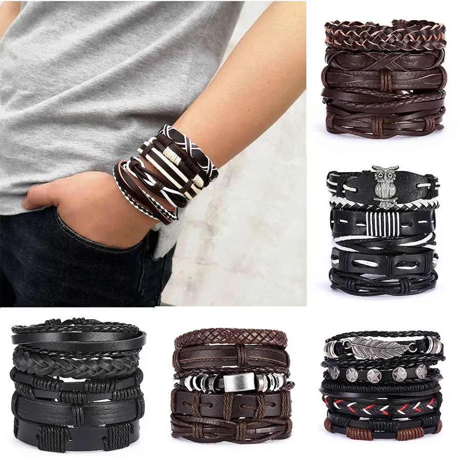 

Bracelets Vintage Multilayer Leather Braid Bracelets Bangles Star Leaf Owl Handmade Rope Wrap Bracelets Male Gift Jewlery