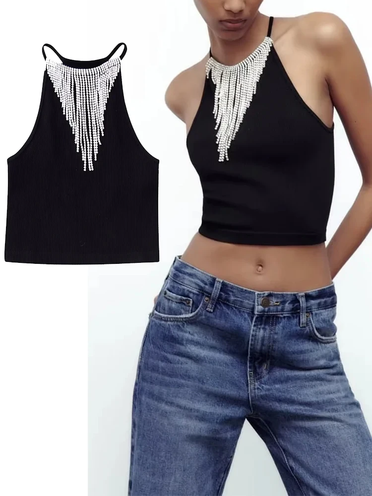 

TRAF Women Sling Top Fashion Bright Tassel Back Cross Slim Sleeveless Elegant Female Chic Slim Black Lady Sling Top