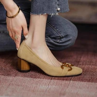 shoes for women pumps square toe mid thick heel metal decoration velvet ladies footwears office lady female shoes zapatos mujer