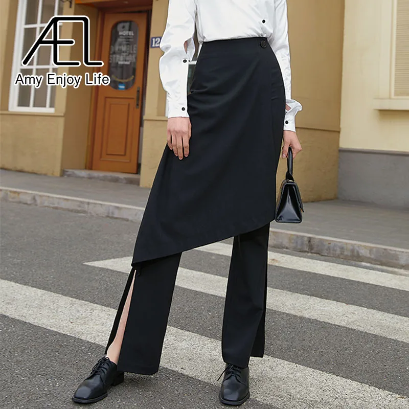 

AEL Women Flare Bottoms High Waist Pants Slits Leg Black Asymmetrical Casual Trousers Streetwear