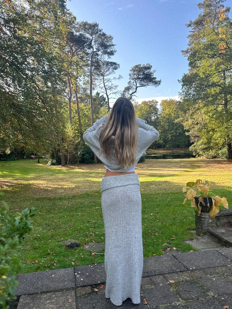 Элегантный однотонный костюм-свитер с длинными рукавами модная трикотажная юбка