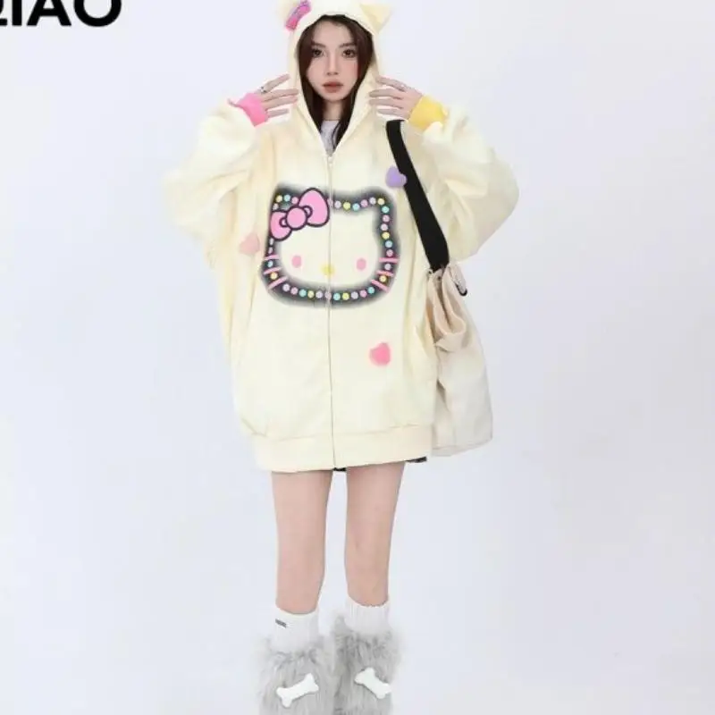 Популярный Kawaii Hello Kitty милый свитшот с капюшоном Sanrio топы длинными рукавами для
