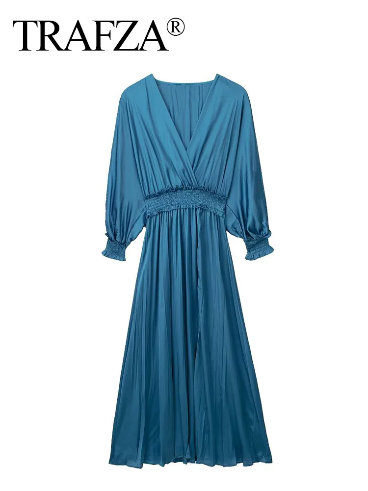 

TARFZA Women Fashion Solid Blue Premium Dress With Gathered Satin V Neck Long Sleeve Elastic Waist Female Dresses