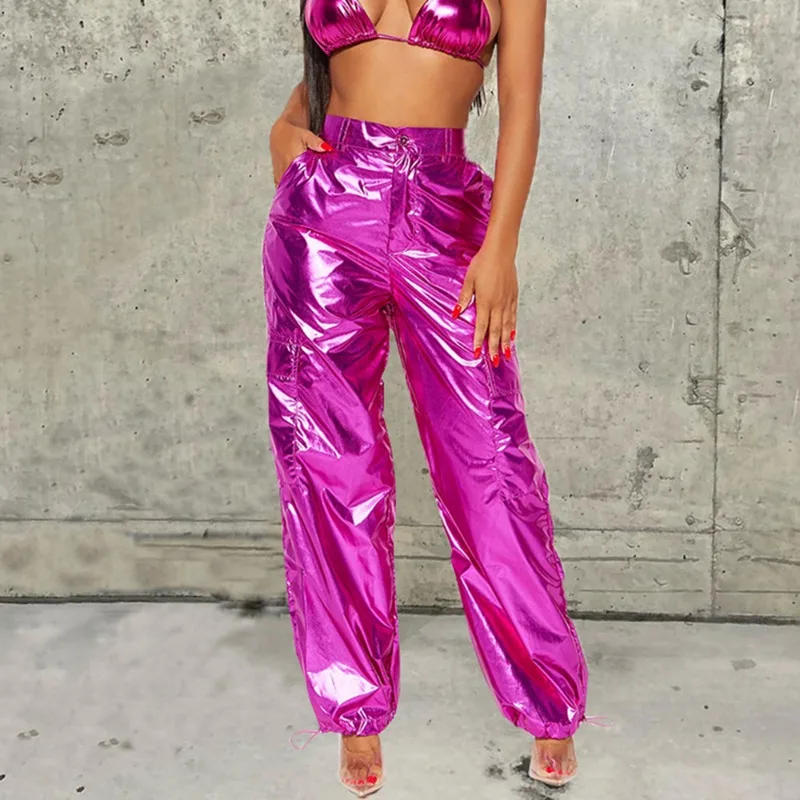 

Metallic Gilding Cargo Y2K Pants Women Streetwear Elastic High Waist Button Pockets Drawstring Cuff Sweatpants Street Trousers