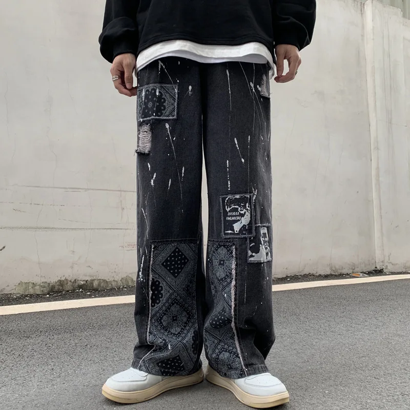 

2022 Y2K Patchwork Black Grunge Baggy Men Graphic Jeans Pants Hole Ripped Women Loose Straight Goth Denim Trousers Ropa Hombre